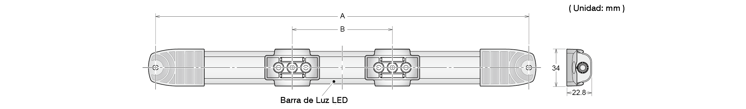 Plano acotado: barra de luz LED con dos placas de fijación, longitud total A, paso B y una sección de 34 × 22,8 mm, unidad mm