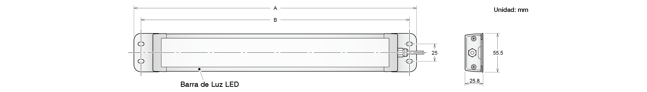 Plano acotado: barra de luz LED sobre soportes planos de extremo, con longitud total A, longitud del cuerpo B, paso de 25 mm y soporte de 55,5 × 25,8 mm, unidad mm
