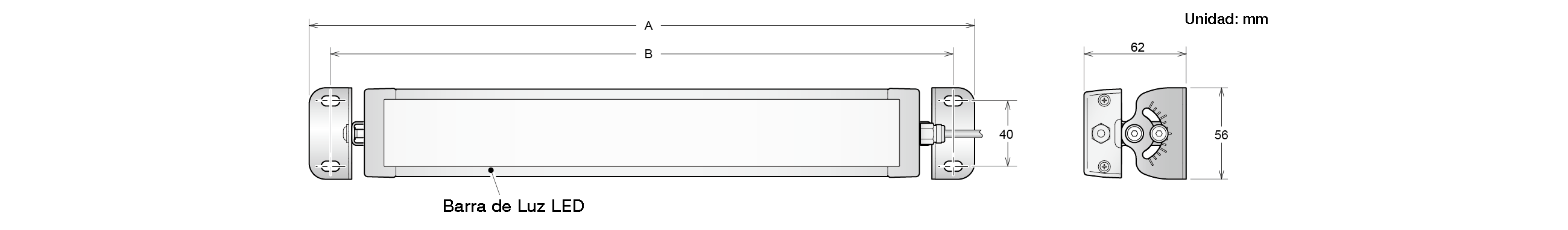Plano acotado: barra de luz LED sobre soportes de inclinación, con longitud total A, longitud del cuerpo B, paso de 40 mm y soporte de 62 × 56 mm, unidad mm
