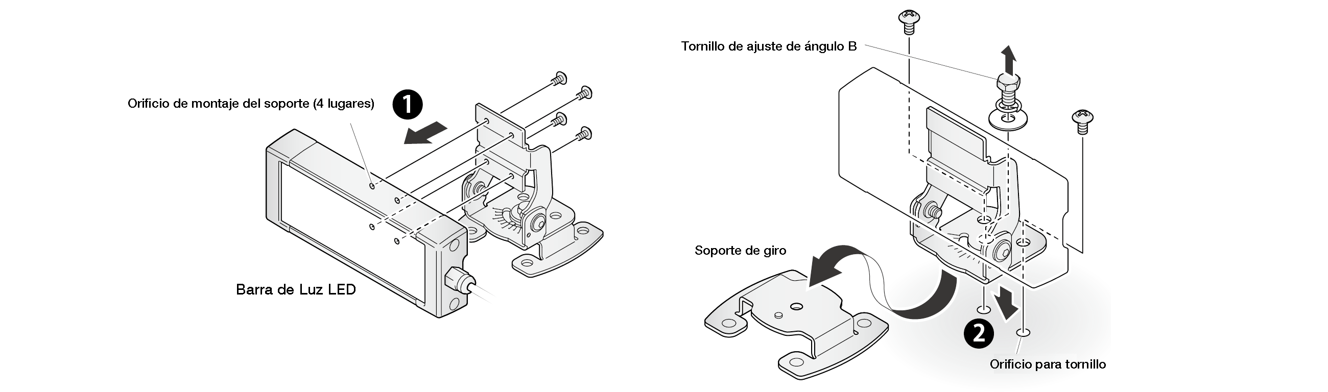Vista despiezada en dos pasos: el soporte se monta en la barra de luz LED, después el soporte de giro se coloca debajo y se bloquea con el tornillo de ajuste de ángulo B a través de los orificios para tornillo