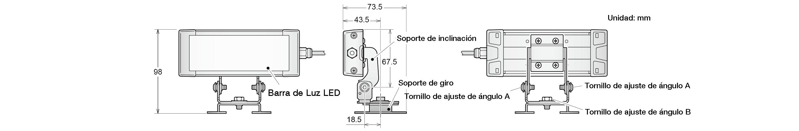 Plano acotado: barra de luz LED sobre soporte de inclinación y soporte de giro en tres vistas, altura total 98 mm y cotas 73,5, 43,5, 67,5 y 18,5 mm, con los tornillos de ajuste de ángulo A y B, unidad mm