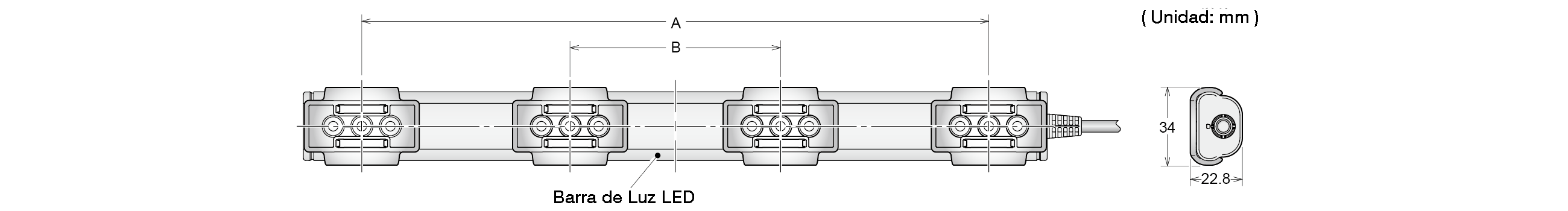 Plano acotado: barra de luz LED en vistas frontal y lateral, con los pasos A y B y una sección de 34 × 22,8 mm, unidad mm